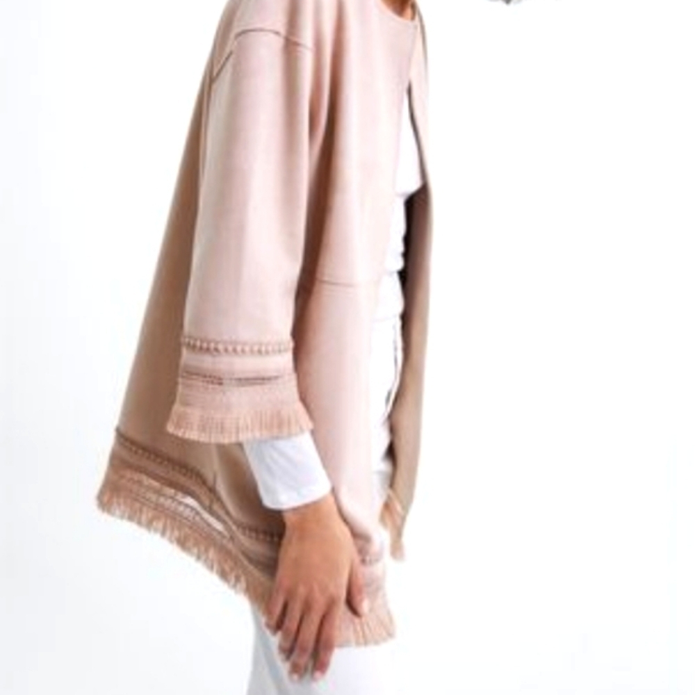 Women's Zara Jacket Faux Suede Fringe 3/4 Sleeves Light Dusty Pink Rose Medium M - Picture 4 of 16